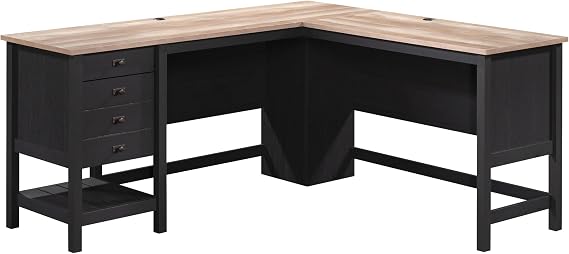Sauder Cottage Road L Shaped Desk Computer Desk with Drawers, Home Office Desk with Optional File Cabinet Storage, Cable Management, in Raven Oak Finish