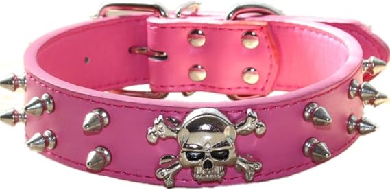 Spiked Leather Dog Collar - 2 Rows Bullet Rivets Studded PU Leather - Cool Skull Pet Accessories for Medium and Large Dogs … (M, Hot Pink)