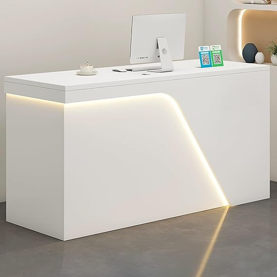 Reception Desk, Front Desk with Lockable Drawer, Reception Counter Table, Retail Checkout Counter with Cable Hole, Front Counter Desk with Large Storage Cabinet(White,140x55x90cm)