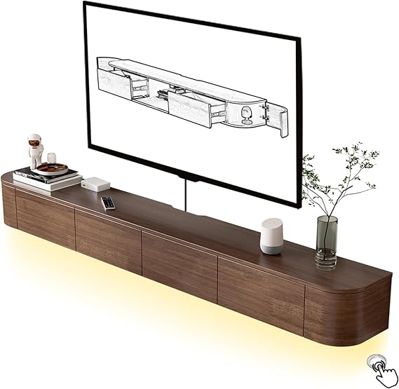 Floating TV Unit, Mounted TV Stand with Flip-Down Doors & Side door, Storage TV Bench Under TV for Bedroom Livingroom (Brown+LED, 160CM)