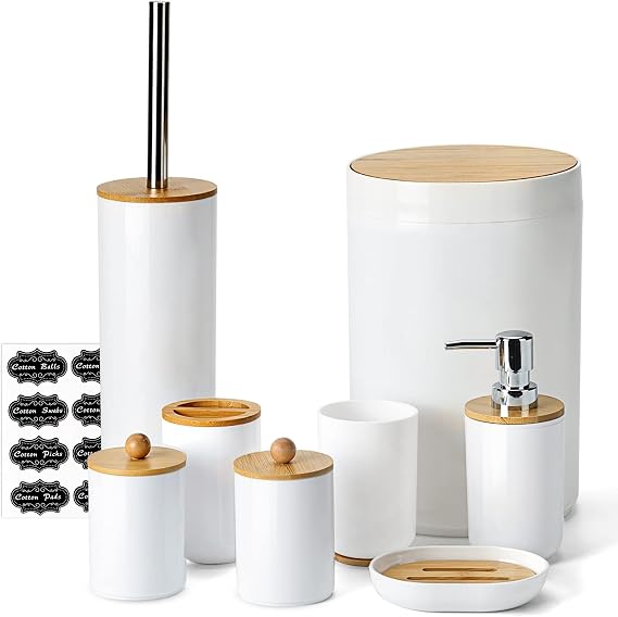 Fixwal Bamboo Bathroom Accessories, 8pcs Bathroom Accessory Set with Trash Can, Toothbrush Holder, Soap Dispenser, Soap Dish, Plastic Qtip Holder
