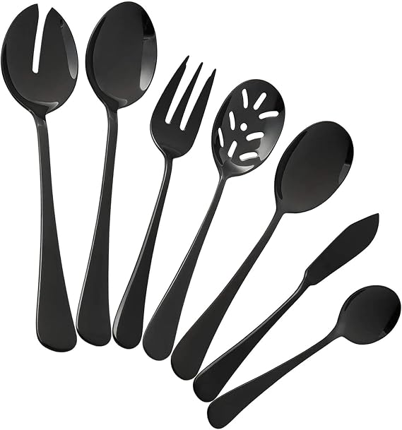 Black Serving utensils set. Stainless Steel Hostess Flatware Sets 7-Piece Includes Silverware Large Salad Spoons,Forks,knifes.Dishwasher Safe.