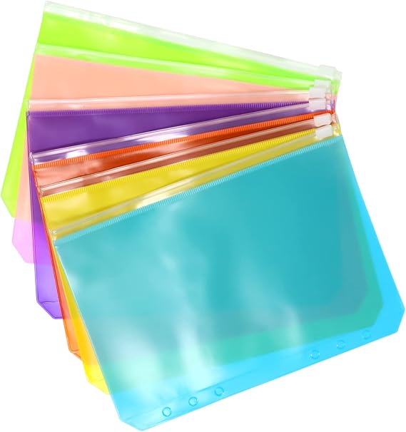 Honbay 12PCS A5 Binder Pockets 6 Holes Punched Binder Zipper Folders PVC Loose Leaf Bags Document Filing Bags for Notebook Journal Budget Filing (6 Color)