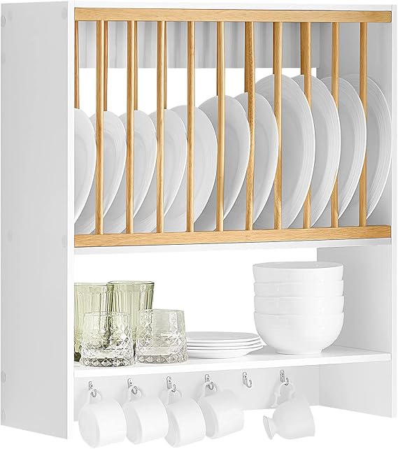 SoBuy Wall Mounted Kitchen Plate Rack 64cm Wide with Hooks for Small Spaces