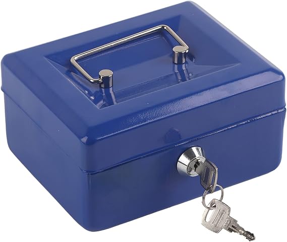 Mini Cash Box with Lock, Small Safe with 6 Compartments, Iron Money Storage Box for Home Office Portable Blue