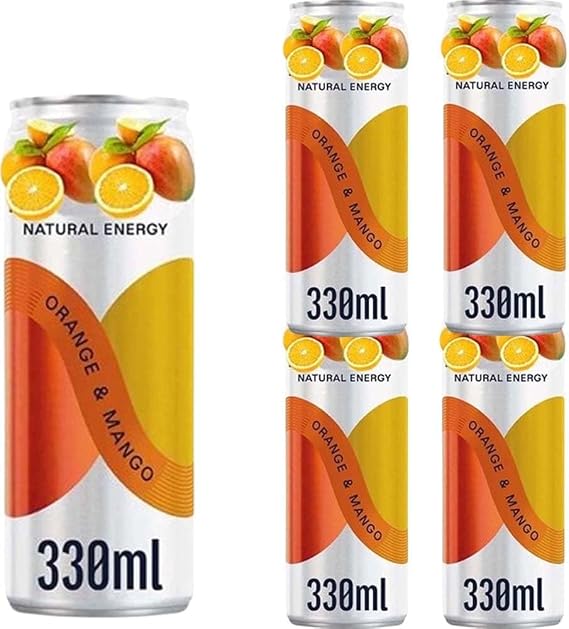 Natural Energy Orange & Mango Sparkling Energy Drink 330ml Can – Fruity Orange & Mango Flavour – With Fruit Juice, Vitamins & Sweetener – Refreshing Low-Sugar Energy Boost –Prd (8 x Bottles)