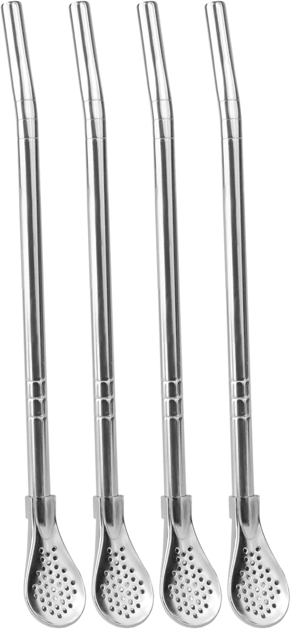 Yerba Mate Straw - Bombilla Mate Reusable - Metal Spoon Straws for Cocktail, Coffee, Drinking - Stainless Steel Drinking Straw Spoon Tea Filter, 4 Pcs