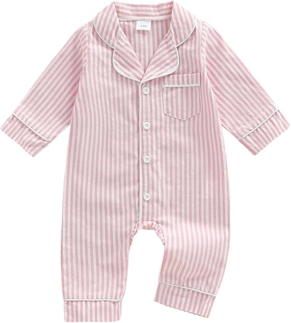 FIOMVA Baby Girl Boy Onepiece Romper Fall Winter Clothes Outfits Long Sleeve Striped Button Down Jumpsuit Onesie Pjs