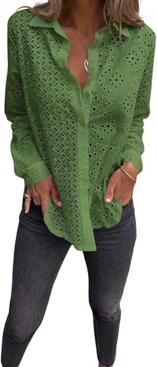 utcoco Embroidered Eyelet Button Down Shirts for Women Casual Loose Fit Crochet Hollow Out Long Sleeve Blouse Tops