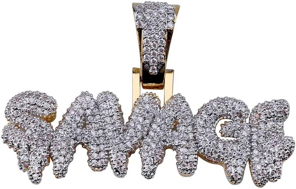 Hip Hop Iced Out Cubic Zircon Drip Bubble Letter Savage Pendant Necklace with 24inch Stainless Steel Rope Chain