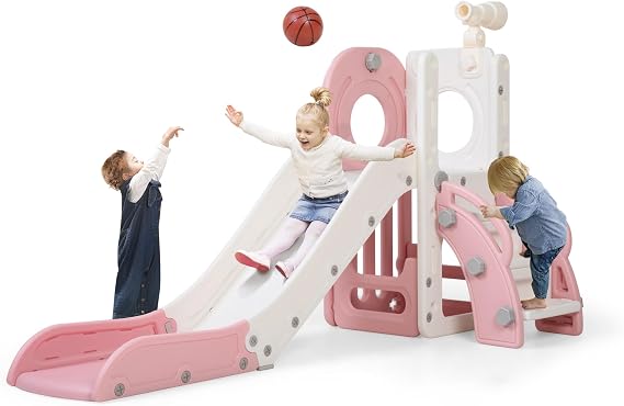 6 in 1 Toddler Slide, Indoor Outdoor Slide for Toddlers 1-3 with Basketball Hoop, Telescope, Storage Space and Non-Slip Steps (Pink)