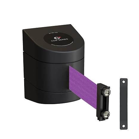 Crowd Control Warehouse Magnetic Wall Mount Retractable Belt Barrier | 15 Ft Purple Belt, WMB-220 CCW Series, Black ABS Case, Built-in Braking System for Slow, No-snapback Return, Quick Assembly