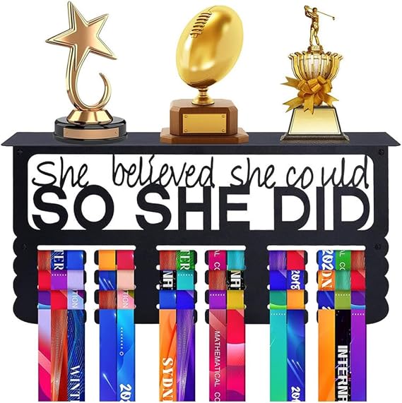 Medal Holder Display with Trophy Shelf, Wall Mount Sports Medal Hanger Upgraded Trophy Shelf Organizer for Gymanstics, Race Bib Holder Rack for Running, Marathon, Cycling, Swimming