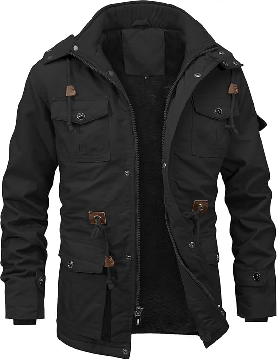 INVACHI Men's Thick Winter Jacket With Hood,Fleece Lining Cotton Military Jackets,Work Coats with Multiple Pockets