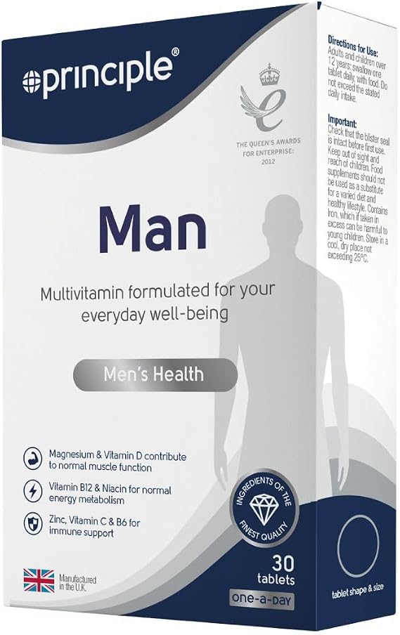 Principle Man Multivitamin Well-Being 30 Tablets 100% Vitamin C B12 D Formulated with Key multivitamins and Minerals to Support a man’s Everyday Health and Wellbeing 30 Tablets