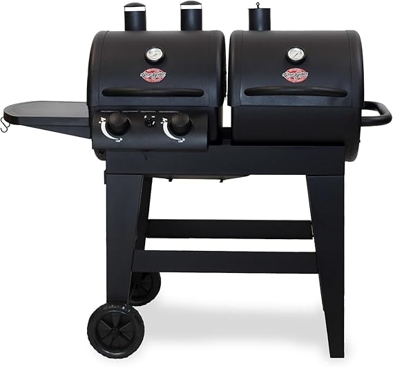 Char-Griller Dual-Function 2-Burner 24,000 BTU Propane Gas and Charcoal Combination Grill and Smoker with 870 Cooking Square Inches in Black, Model E5030