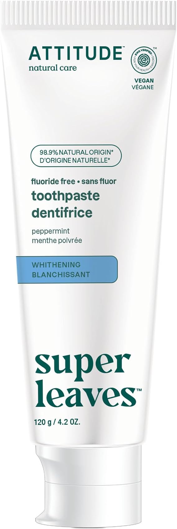 Attitude Whitening Fluoride-Free Toothpaste, Peppermint Flavor, Sugar-Free, Plant & Mineral-Based Formula, Vegan & Cruelty-Free, Clean Oral Care, 4.2 Oz