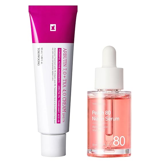 Radiance & Clarity Duo: TOSOWOONG Peach 80 Niacin Serum & Arbutin 7 Tranexamic Acid Cream for Glowing Skin