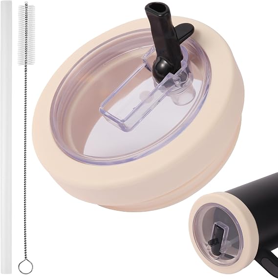 Stanley Lid Replacement 40 oz, Silicone Stanley Flip Straw Lid Leak Proof & Spill Proof, Reusable 40 oz Tumbler Lids Replacement with Cleaning Brush and Straw, Cream