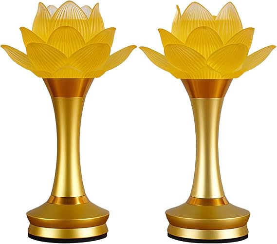 Led Lotus Lantern 2 Pcs, Rechargeable and Plug-in Light for Buddha Decor, Yellow Glow Crystal Flower Lamp, 8 in / 21 Cm Height, Adjustable Brightness, Buddhist Gifts, Home Altar Essential