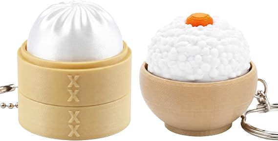 Keyboard Fidget Toy 2PCS ASMR Clicker Fidget Keychain Bun Rice Set Mini Clicky Keyboard Fidget Toy for Anxiety Stress Relief Tactile Desk Fidget for Adults ADHD (Bun & Rice)