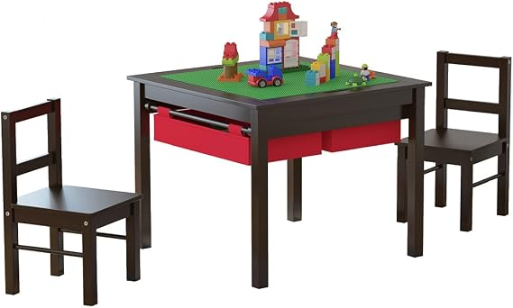 UTEX Wooden 2 in 1 Kids Construction Play Table and 2 Chairs Set with Storage Drawers, and Built in Plate Compatible with Lego and Duplo Bricks(Espresso with Red Drawers)