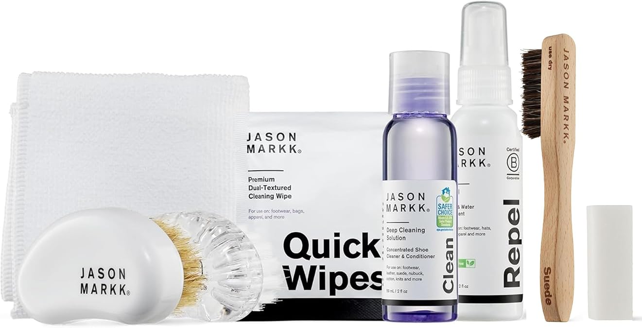 Jason Markk Starter Box & Suede 8-Piece Cleaning Kit Bundle, Suede Brush & Stain Eraser, Deep Cleaning Solution, Two Brushes, Microfiber Towel, Safe for Leather, Suede, Nubuck, Cotton, Wool, Felt, K