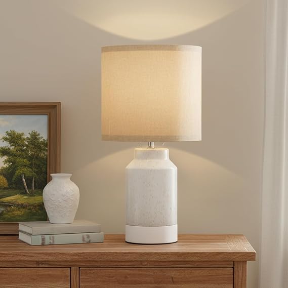 LALISU Ceramic Table Lamp,18.8" Farmhouse Lamp Dimmable Nightstand Lamps | Modern Ceramic Base Linen Lampshade Table Lamp for Bedroom, Living Room, Dining, Office (White)