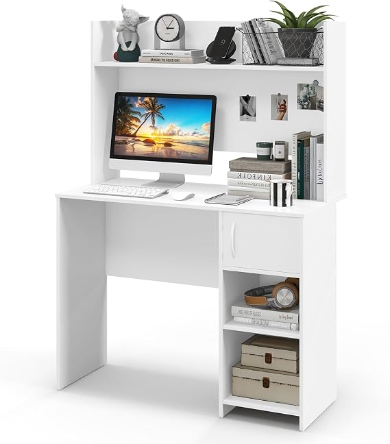 COSTWAY Computer Desk, Modern Writing Workstation PC Laptop Table with Hutch, Storage Bookshelf, Cabinet and Cable Management Holes, Home Office Work Study Desk (White)