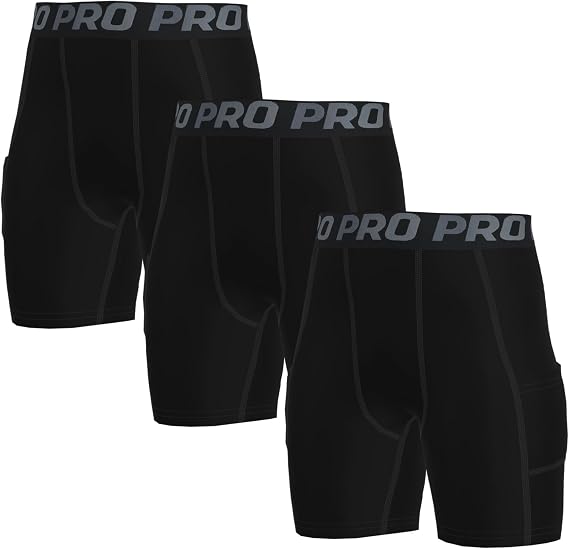 LANBAOSI Youth Boys' Compression Shorts Cool Dry Tights with Pocket 3 Pack