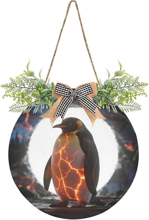 KOCOART Door Wreath Lava Penguin on Rocky Ground Rustic Farmhouse Hanging Front Door Sign Round Wall Decoration for Home Porch Bedroom Office Garden Indoor Outside
