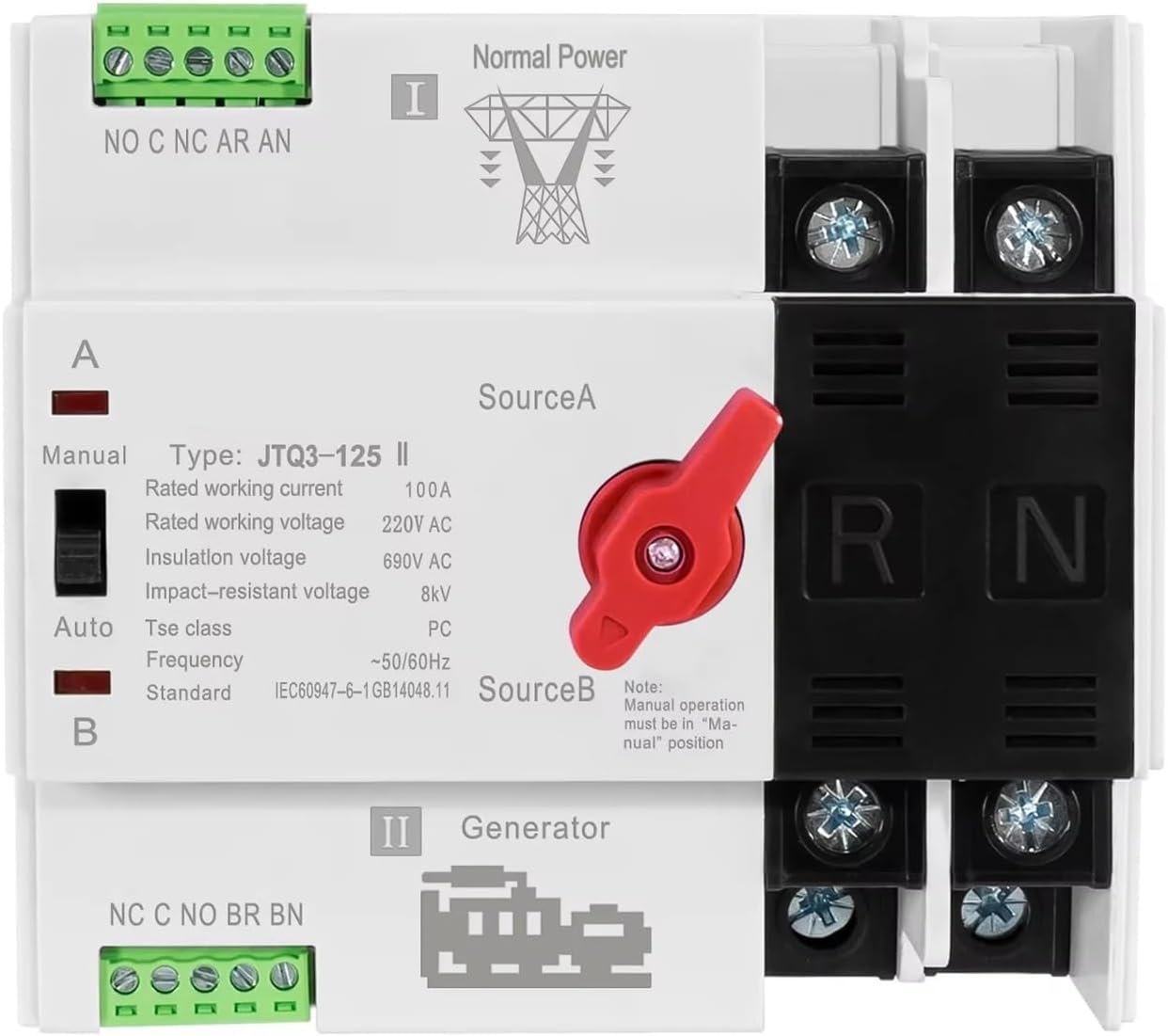 ATS 100A 220V ATS GeneratorPV Automatic Transfer Switch Electrical Selector Switches Dual Power Switch Din Rail MountedGenerator Type 2P