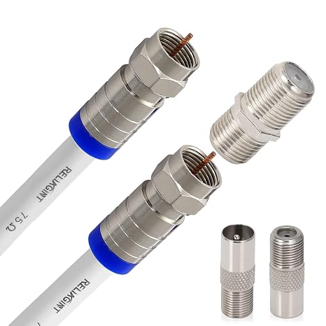 RG6 TV Coaxial Cable 10m – 75 Ohm Copper Satellite & TV Aerial Cable with F Connectors & F81 Coupler, Waterproof, up to 3 GHz, White