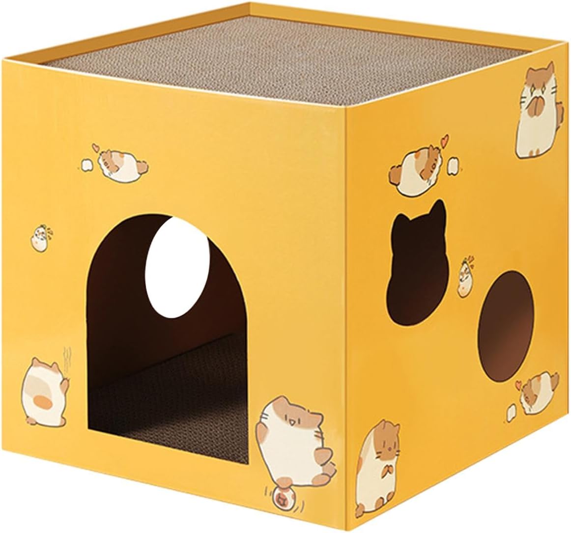 Cat Box Cats Bed Corrugated Cat Cardboard Box for Indoor Small Animals Rabbit Yellow S