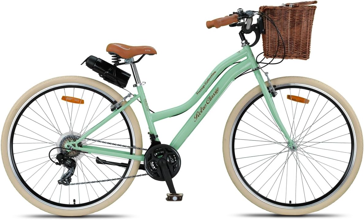 Retro Classic 28 Jant Bisiklet, Shimano 21 Vites, Hasır Sepetli Vintage Şehir Bisikleti, Krem Lastik