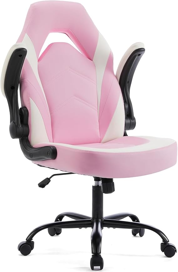 Sweetcrispy Computer Video Game Desk Chair: Ergonomic Comfy Lumbar Support, PU Leather with Flip-up Armrest, Height Adjustable and 360 Swivel, for Adults, Pink