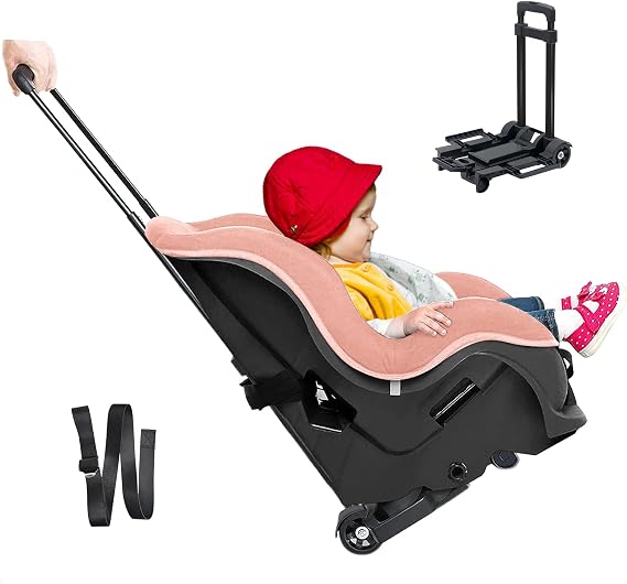 Car Seat Carrier for Airport with Wheels and Compact Fold, Car Seat Trolly, Foldable Carseat Travel Cart with Belt
