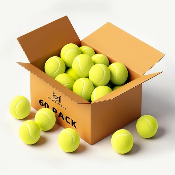 60/120 Pack Bulk Tennis Balls for Dogs and Practice | 2.5 in standard size; rubber core, felt cover; beginner training; all courts; ball machines; indoor/outdoor; mesh carry bag