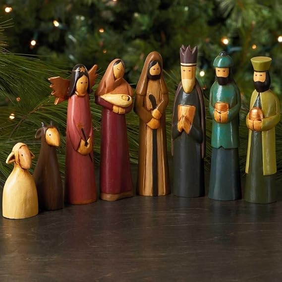 Folk Art Nativity Scene, Set of 8 Pieces, Tabletop Christmas Decorations, Collectible Figurines, Baby Jesus Holy Family Manger Scene, Indoor Xmas Decor for Tables, Shelf, Mantel, Handmade, Unique