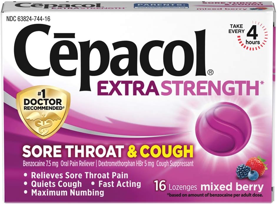 Cepacol Extra Strength Sore Throat Relief Lozenges, Mixed Berry Cough Drops, Maximum Numbing- Fast Acting Sore Throat & Canker Sore Relief with Dextromethorphan & Benzocaine, 16 Count
