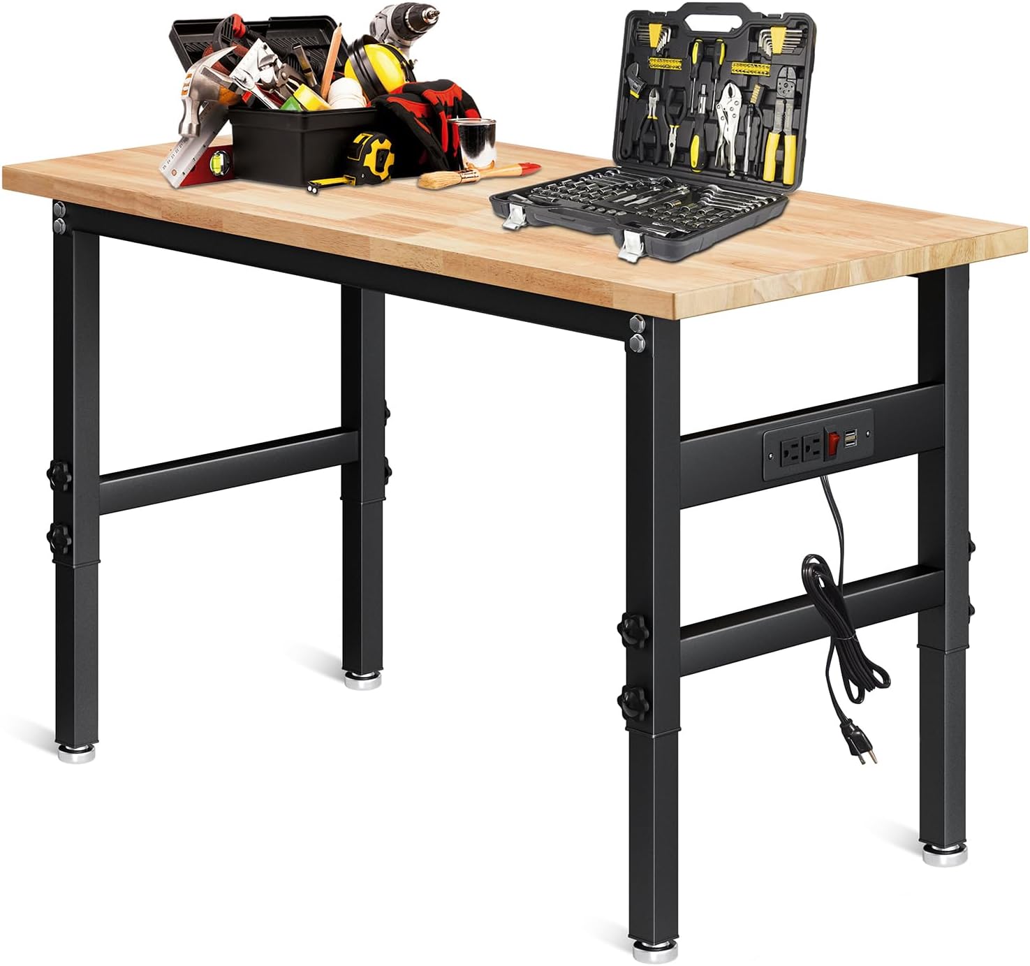 48 Adjustable Work Bench with Power Outlet, Oak Hardwood Top Heavy Duty Work Bench, Wood Workbenches for Garage, Workshop, Office, Home, 2000 LBS Load Capacity Work Table