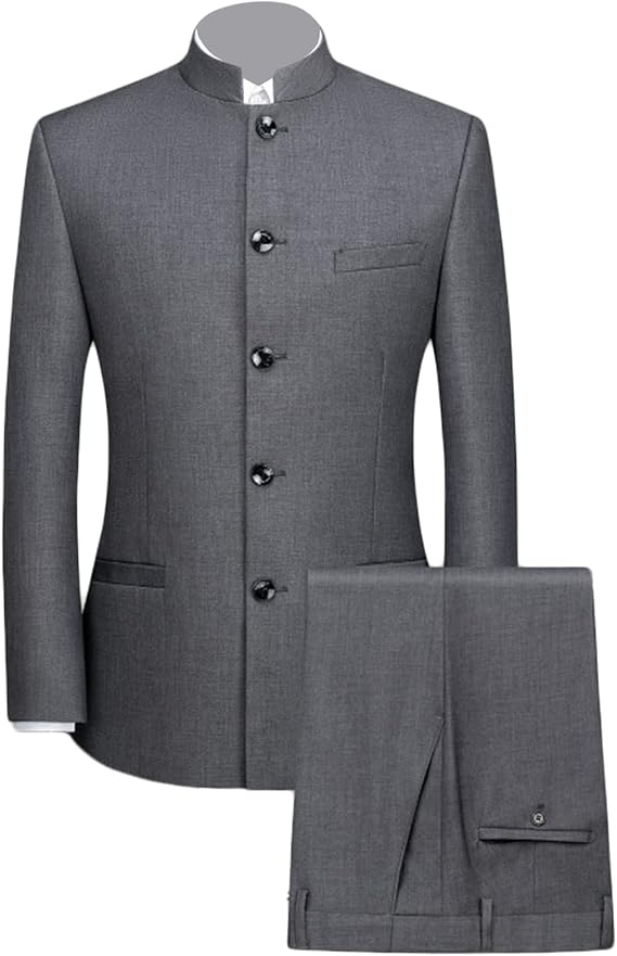 Maiyifu-GJ Men 2 Pieces Chinese Tunic Suit Mandarin Collar Blazer Set Button Jacket Pant Set Traditional Uniform Groom Dress
