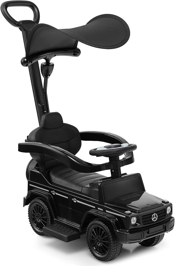 Nightcore Push Car, Kids Car with Removable Canopy, Backrest, Anti-Tipping Design, Retractable Footrest, Engine Sound, Safe Guardrail, Cozy Push Car for Toddlers Boys & Girls (Black)