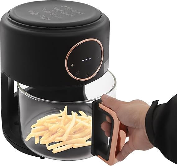 Mini Air Fryer, 3.8Qt Glass Air Fryer, 360 Viewable Touch Screen with Digital Display Adjustable Temperature Works Cookware French Fries Chicken Legs (Black)