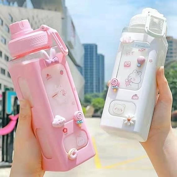 Kawaii Pipetli Su Şişesi Sevimli Büyük Su Şişeleri Kawaii Etiketli Estetik Sızdırmaz Kare İçecek Şişesi (beyaz)