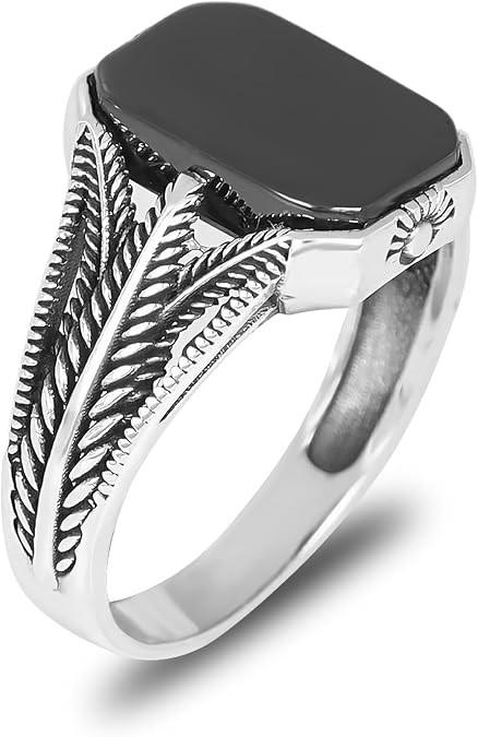 Mens 925 Sterling Silver Onyx Gemstone Ring Rectangular Cushion Cut, Feather-Engraved Split Shank, Handmade Signet-Style Statement Jewelry