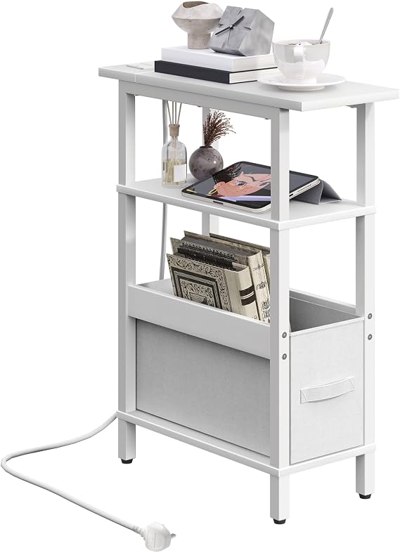 MAHANCRIS Narrow Side Table with Charging Station, 3 Tier Small End Table for Small Spaces, Slim Side Shelf with Storage, for Living Room, Bedroom, White AETBW125KE01