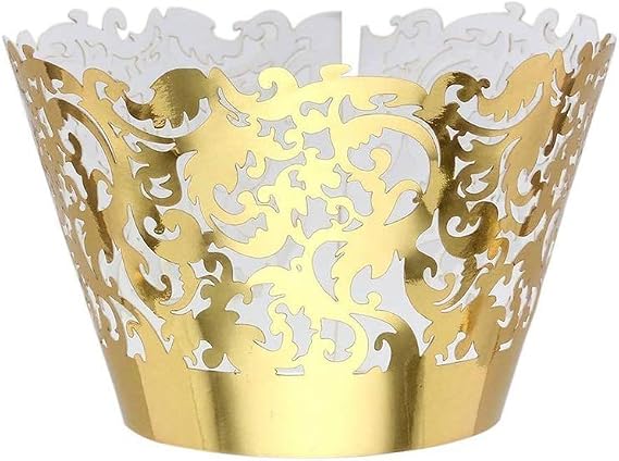 YOZATIA 60 Gold Vine Lace Cupcake Wrapper, Laser Cut Golden Cupcake Liners for Weddings Birthdays Tea Parties and any Special Event- Gold
