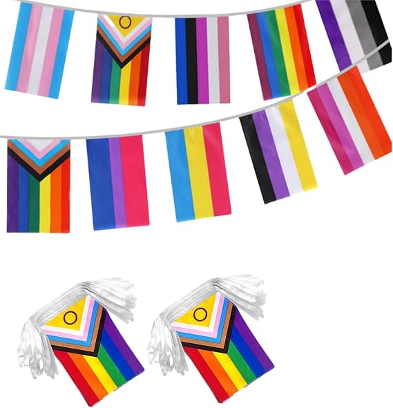 2 PCS Progress Rainbow Flags Banner String LGBTQ Gay Bunting Decoration Flags, 100 Feet 80 Flags