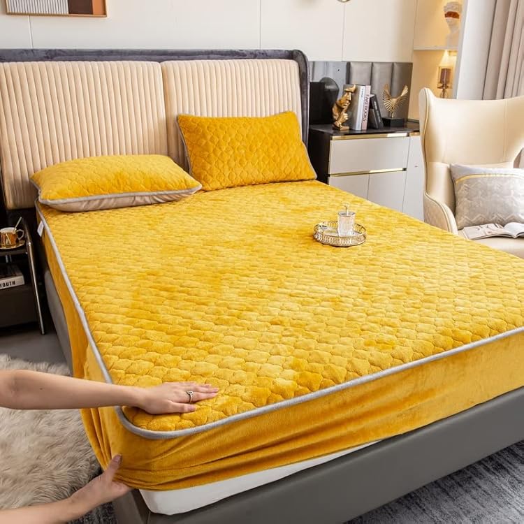 Queen Mattress Topper Pad Protector Thick Extra Deep Bedding Pad Topper Mattress Pads Quilted Fitted Mattress Protector Winter Warm Elastic Velvet Bed Linen Bedspread  Color : Yellow , Size : King